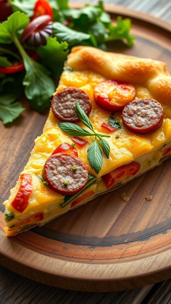 Savory Quiche with Knackwurst A slice of savory quiche with knackwurst and vegetables on a wooden table.